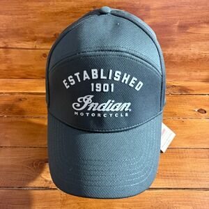 Indian Motorcycle Script Performance Cap Men Fitted S/M Green Estab 1901 Hat NEW